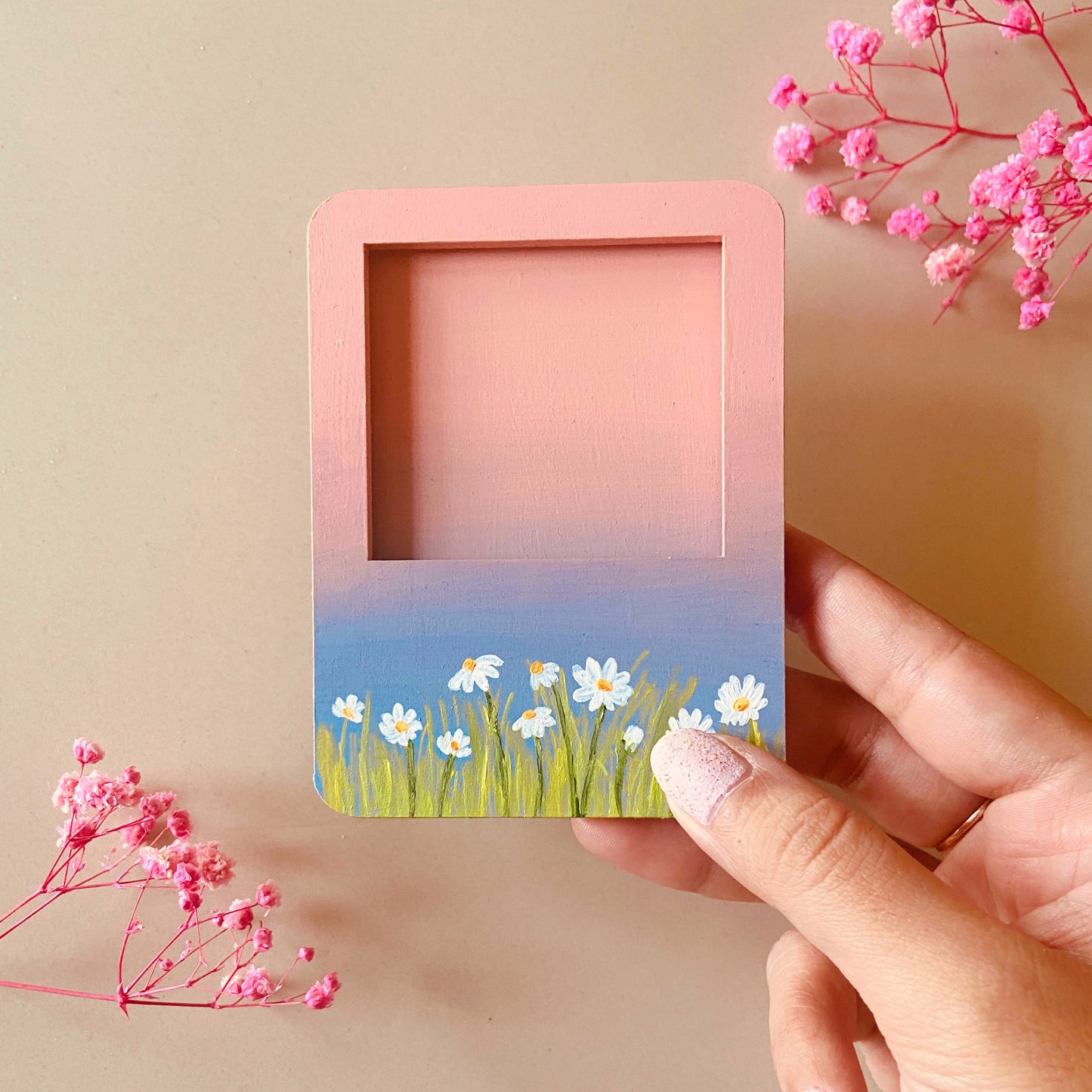 Daisy Flowers Photo Frame Fridge Magnet - Handpainted, Handmade